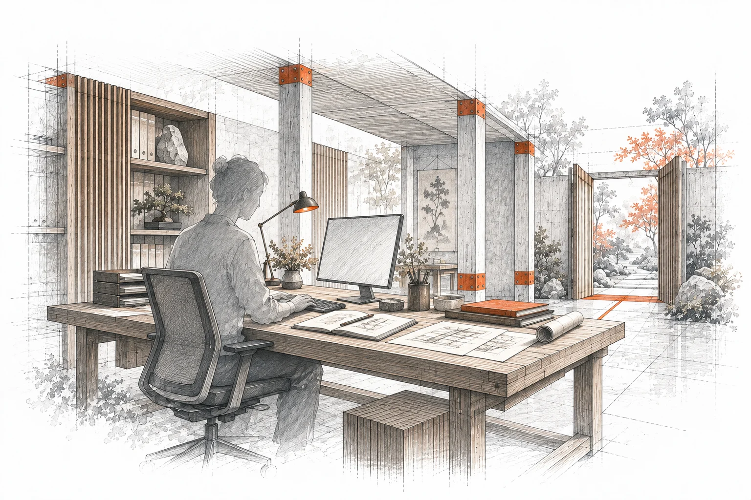 A working desk with a softly sketched seated employee.